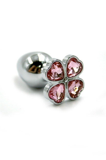 Анальная пробка из алюминия с розовым стразом Light Pink в виде клевера