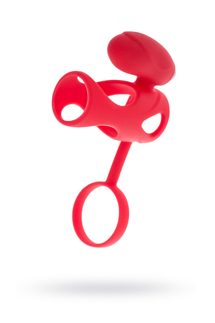 Стимулирующая насадка на пенис с клиторальным стимулятором и кольцом для мошонки Vibrating Cage Red