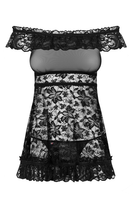 Черная ажурная мини-сорочка с открытыми плечами Flores LXL (46-48)
