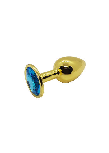 Анальная пробка металлическая золотая с синим кристаллом Onjoy Metal Plug Gold Small
